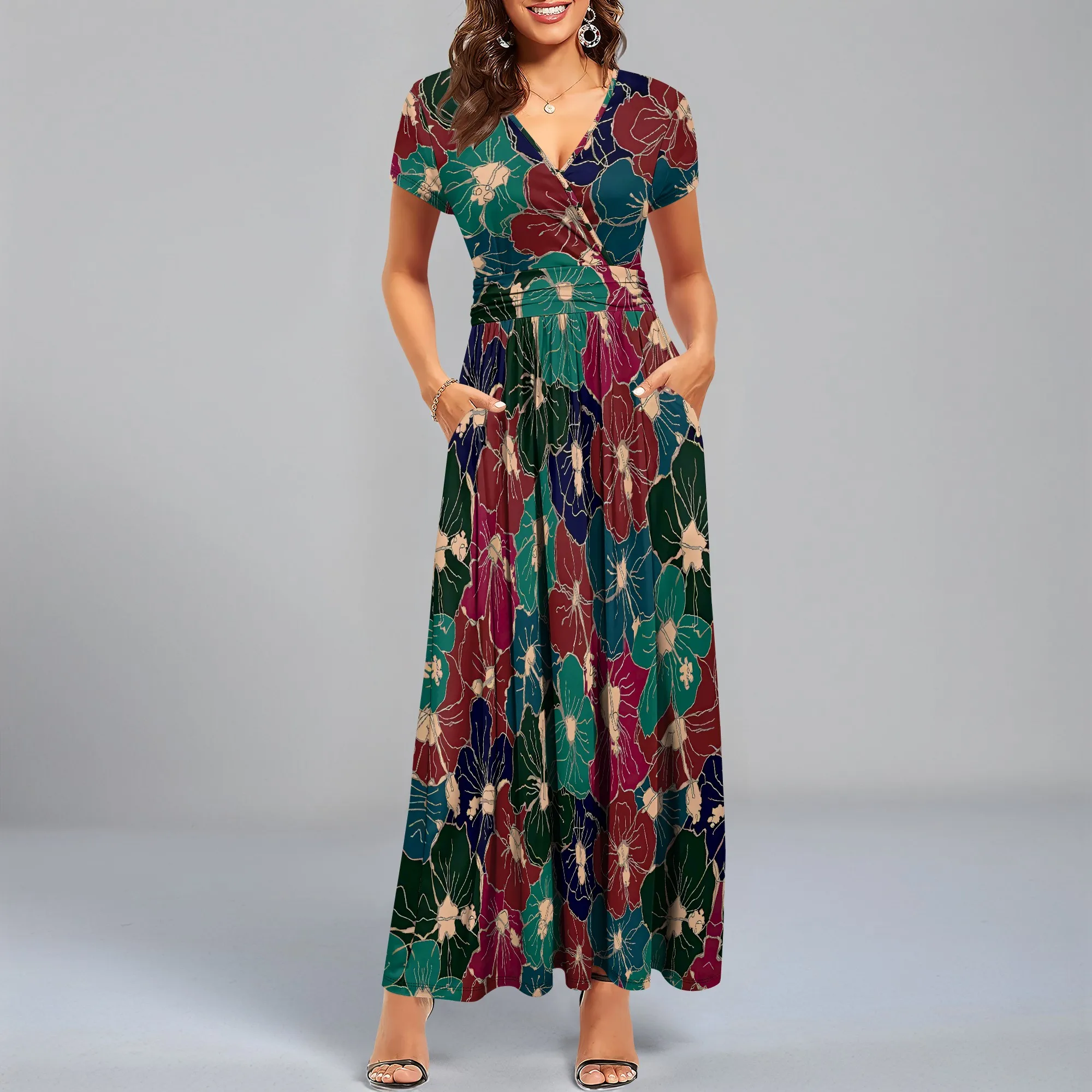 

Nupusa Floral Outline Print Dress for Women Regular Size Summer Casual Wrap V - Neck Short Sleeve Maxi Dress