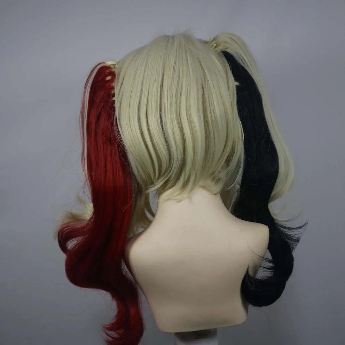 Harley Quinn Cosplay Wig Blonde Red Black Gradient Twin Ponytail Heat Resistant Synthetic Hair Halloween Carnival Party Props view 6