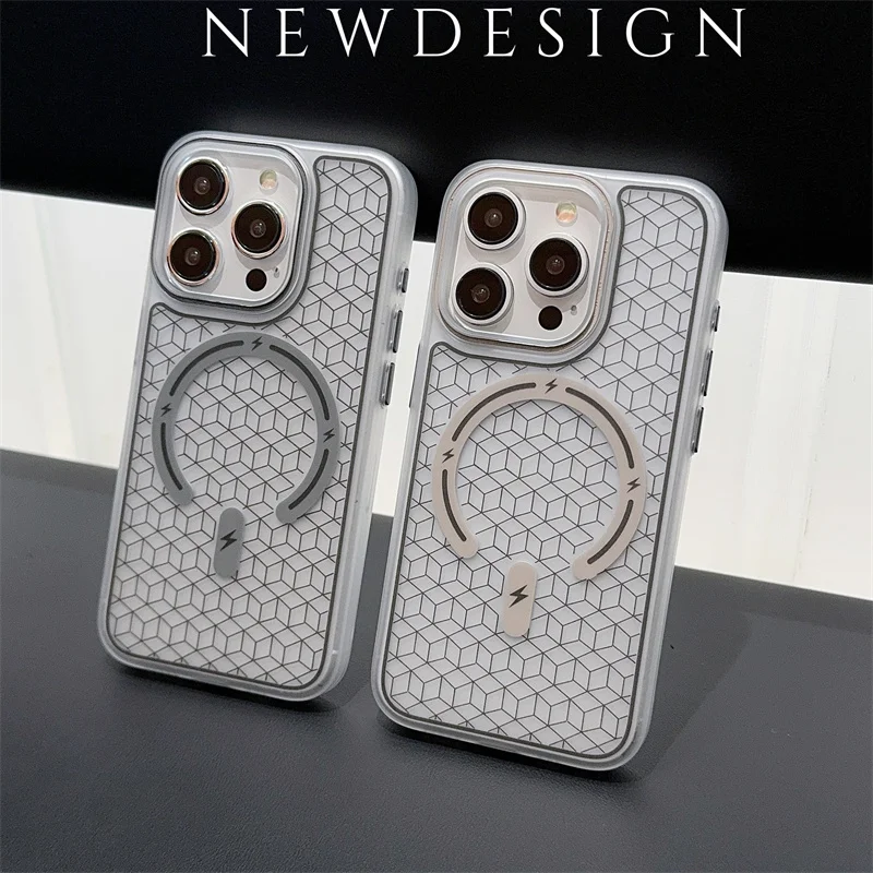 Advanced 3D carved grid Magnetic phone case for iPhone 16 13 15 14 Pro Max 16 15 14 Plus Anti Slip Wireless Charging phone Cover