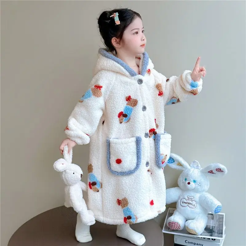 

Children's Pajamas Girls Flannel Hooded Nightgown Baby Thickened Winter Cartoon Home Cute Style Long