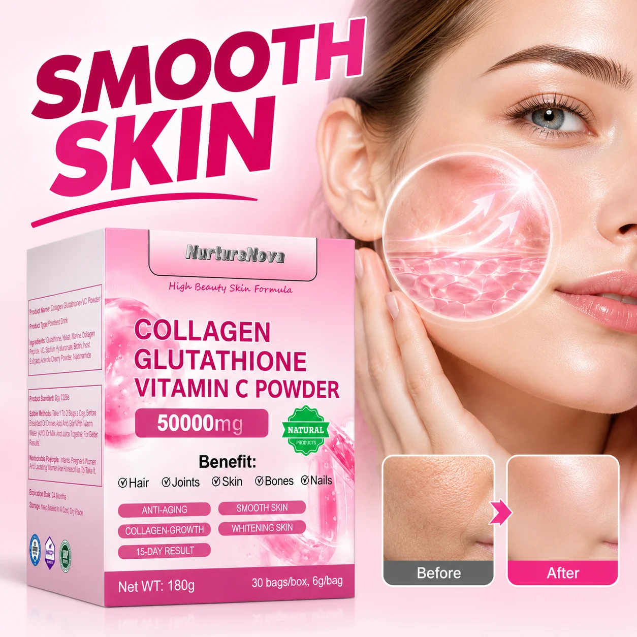 Collagen Peptides Powder for Facial Skin Smoothness & Elasticity with Marine Collagen Glutathione Vitamin C 30 Sachets 180g
