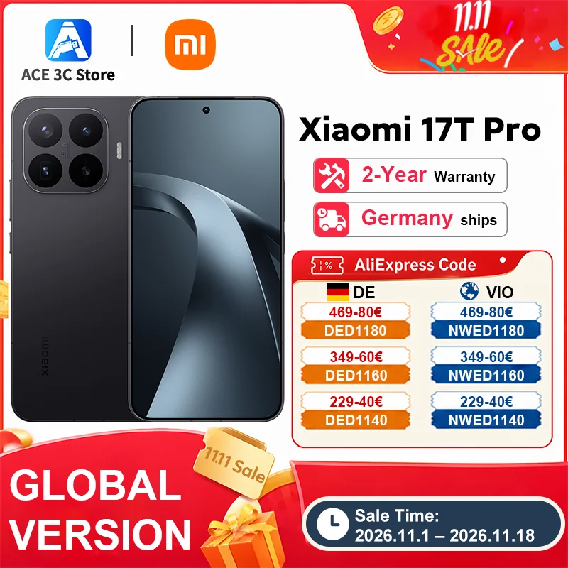 Xiaomi 17T Pro 5G 12GB 256GB 512GB 1TB okostelefon MediaTek Dimensity 9500 7000mAh 100W 50MP OIS kamera 6.83" 144Hz kijelző IP68