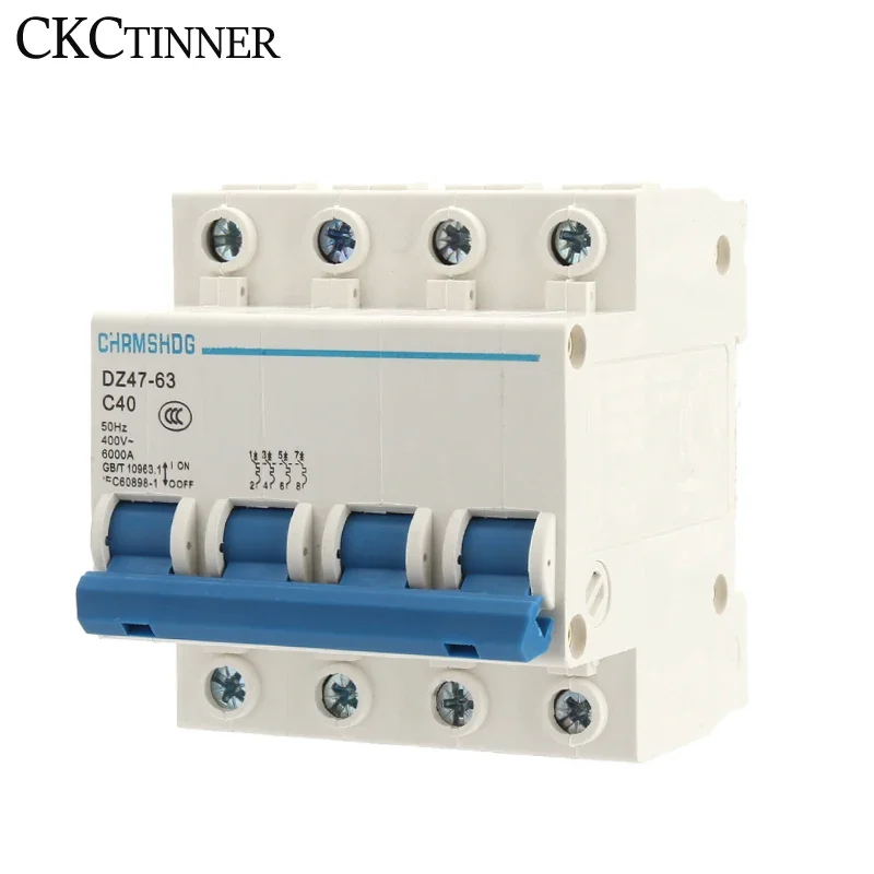 DZ47-63 4 Pole 6A/10A/16A/20A/25A/32A/40A/50A/63A 400V C Type Mini Circuit Breaker MCB 35mm Din Rail Mount Breaking Capacity 6KA