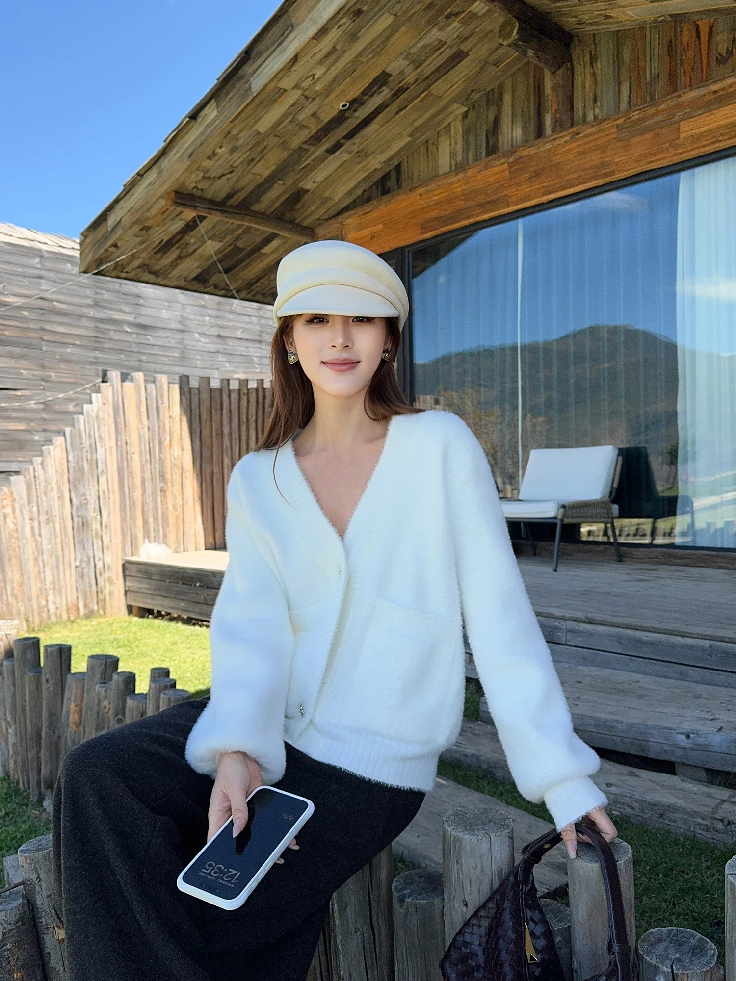 

Женский свободный вязаный кардиган NEVA HU с V-образным вырезом, имитацией меха, длинными рукавами, повседневный, из нейлонового волокна, верхняя одежда