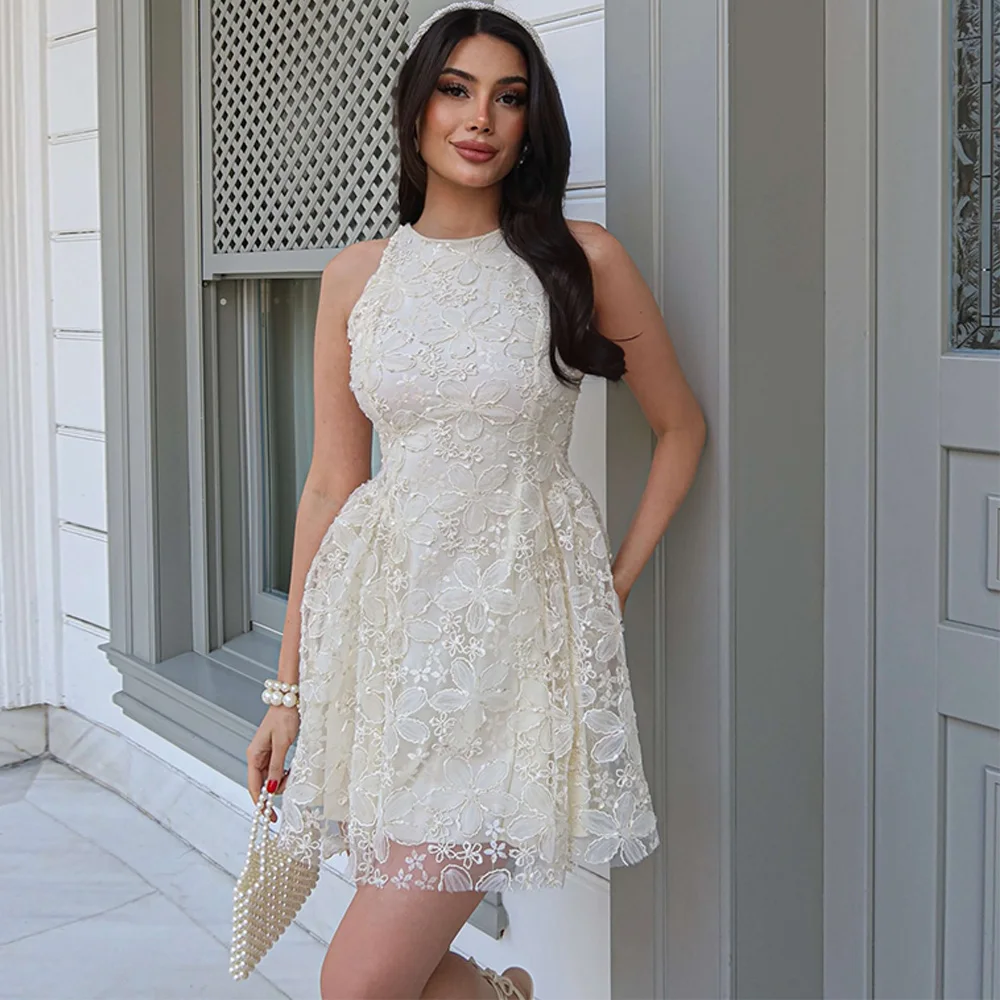 

Delicate Crew Neck Sleeveless Evening Dress Customized A-Line Lace Flowers Party Dresses High Quality Zipper Back Prom Dress