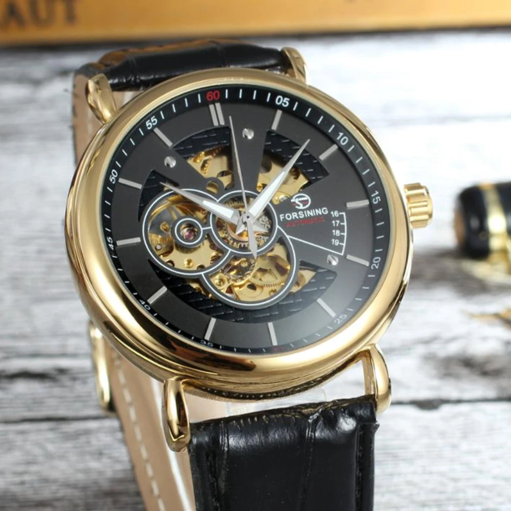 Luxury Brand Transparent Case Avigator Series Black Leather Strap Fashion Skeleton Design Men's Automatic Self Wind Watches