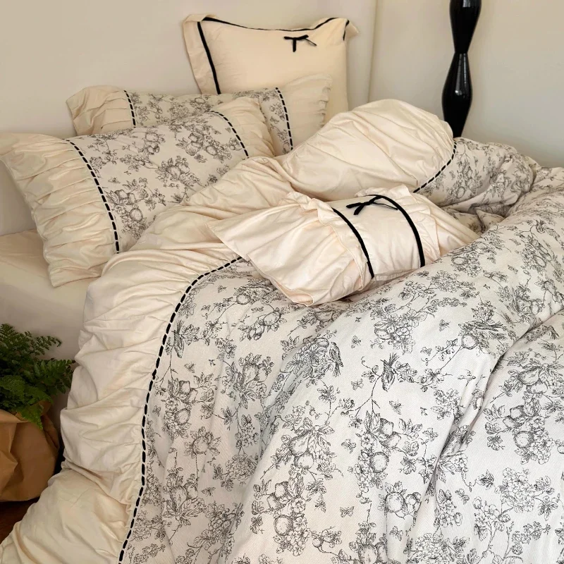 

French cotton abraded retro pleated quilt cover four-piece set pure cotton long-staple cotton soft bedding