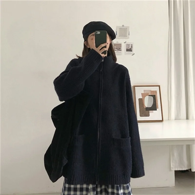 

2022 Spring Autumn Korean Version Outside With Loose Knit Cardigan Top Coat Women go With Thick Sweater Outside Wear Commuting X