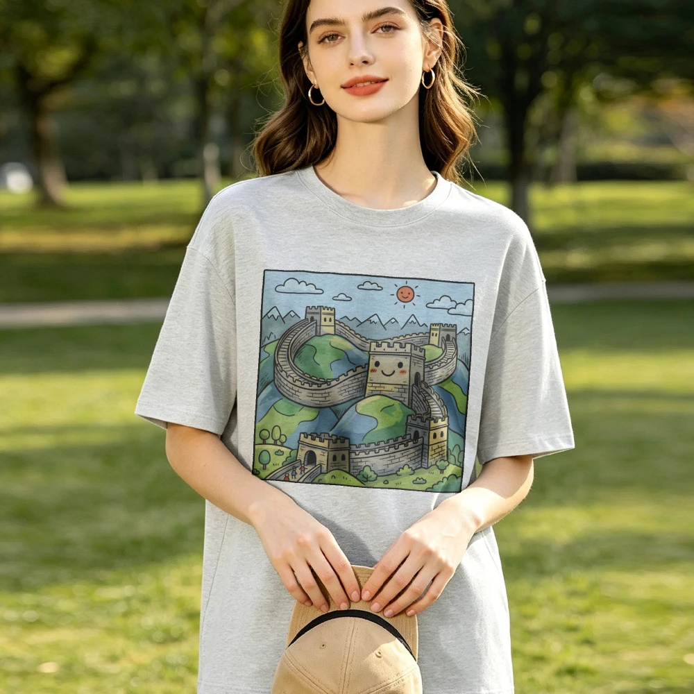 Great Wal Shirt Ancient Landmark Graphic Tee Chinese Landmark Cute Cartoon Travel Tourism Unisex Shirt High quality Cotton Tees