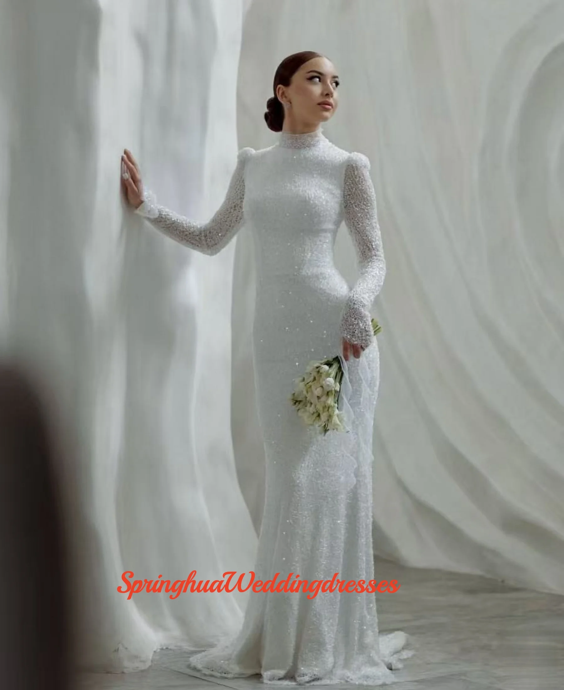 

Customized Luxurious Shiny Pearls Mermaid Wedding Dresses Modest High Collar Long Sleeve Bridal Gown Dresses Vestidos De Novia