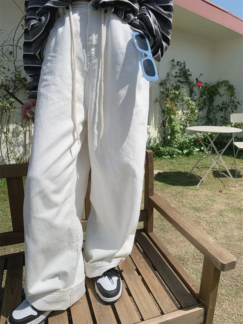 

Loose Women's Drawstring Jeans High Waist Straight Leg Long Pants Summer Fashionable Slimming White Washed Denim Skinnies