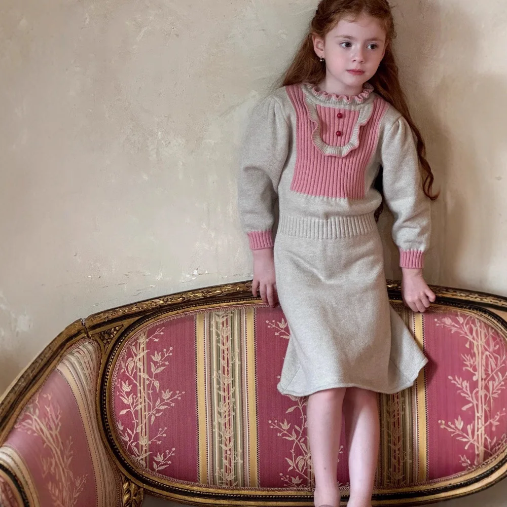 

Girls Skirt 2025 Autumn and Winter New Children's Clothing Girl Baby Lovely Match Color Flounce Edge Wool Dress Casual Simple