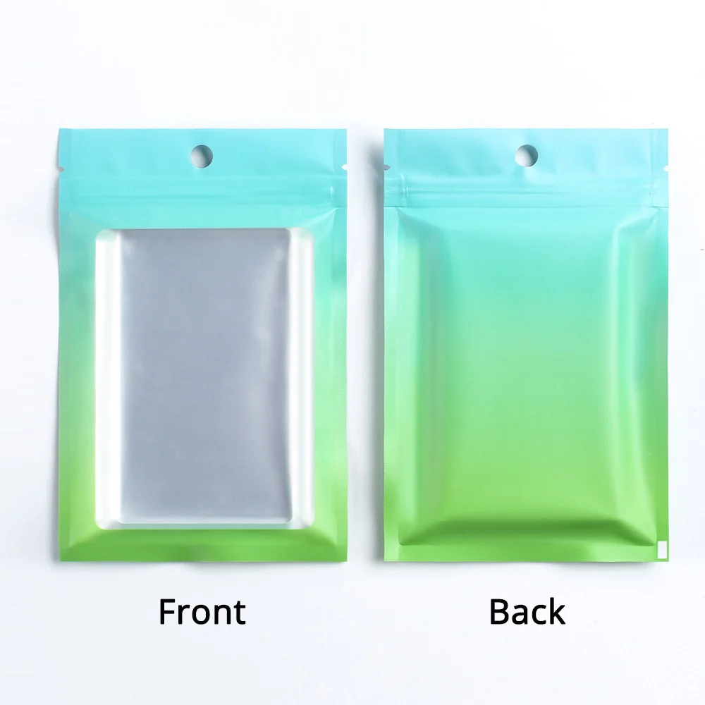 100pcs Gradient Rainbow Color Aluminum Foil Mylar Packaging Bags Resealable Matte Green Clear Show Window Flat Zip Lock Pouches