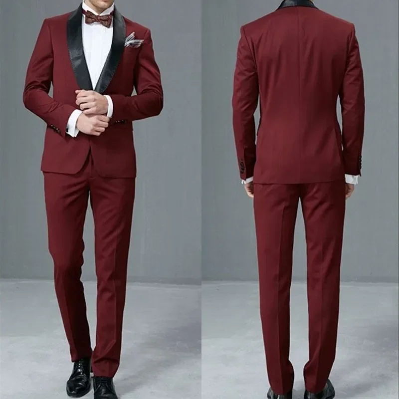 

Custom Made Groomsmen Dark Red Groom Tuxedos Shawl Black Lapel Men Suit Wedding/Prom Best Man Blazer ( Jacket+Pants+Tie )