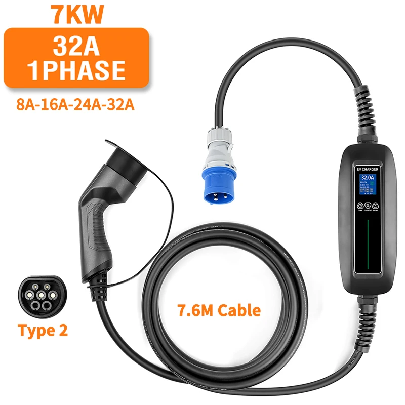 

Портативное зарядное устройство для электромобиля EV, тип 2, 7 кВт, зарядное устройство для электромобиля, переключаемое, 8A, 16A, 24A, 32A, 1-фазный Электрический автомобильный зарядный кабель