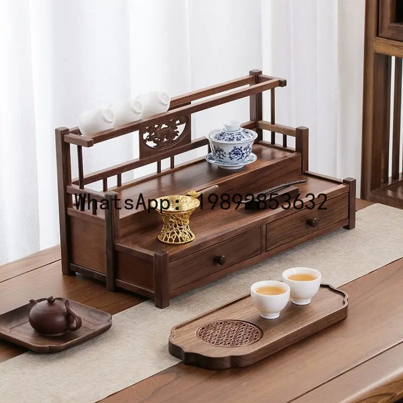 X-20  tea set storage rack walnut double layer bogu rack chinoiserie solid wood teapot drain rack