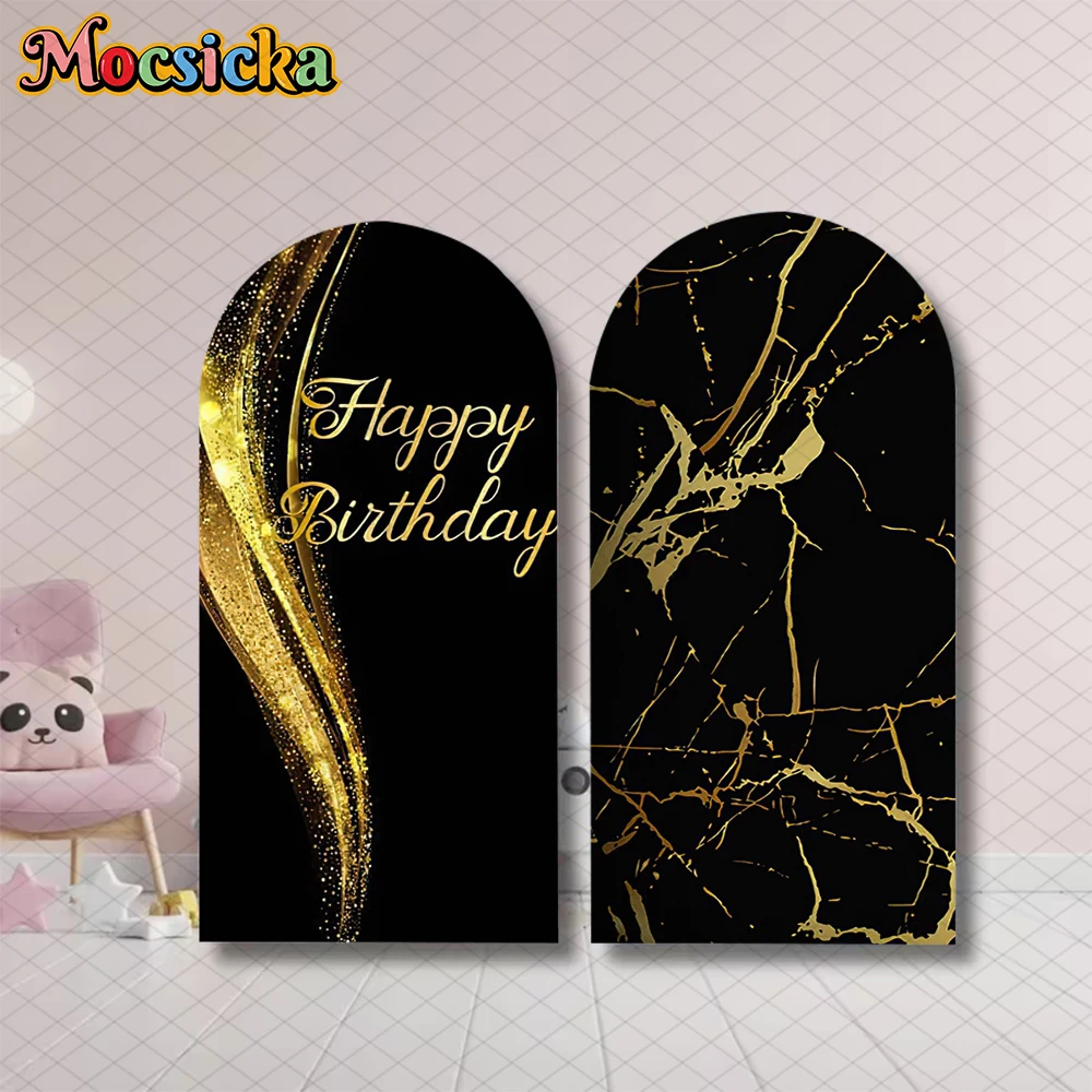 Mocsicka Black Gold Arch Backdrop Covers Baby Shower Happy Birthday Photo Arched Background Soft Fabric Double-Sided Party Decor
