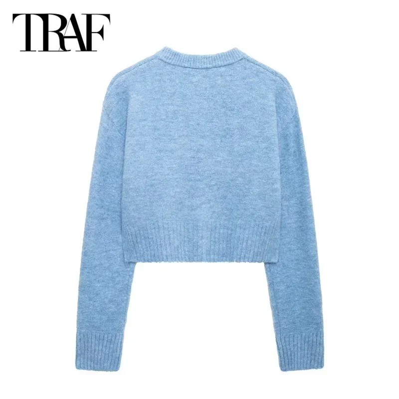 TRAF-Pull Court Bleu en Tricot Doux pour Femme, Cardigan à lèvent, Nouvelle Collection Automne 2024