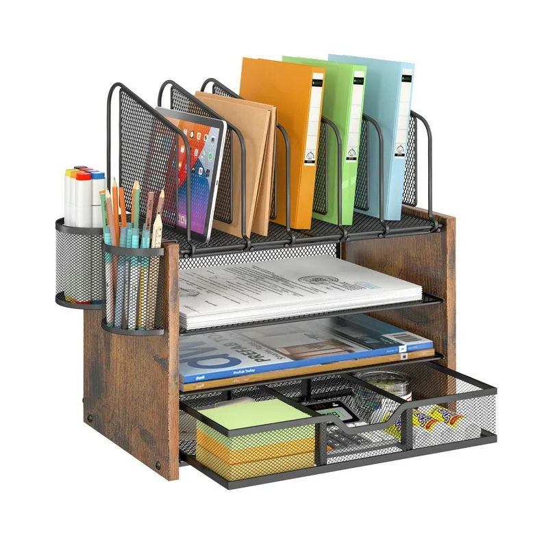 Wood Desktop File Organizer with Drawers, 4-Tier Mesh Storage Rack for Home & Office Desk