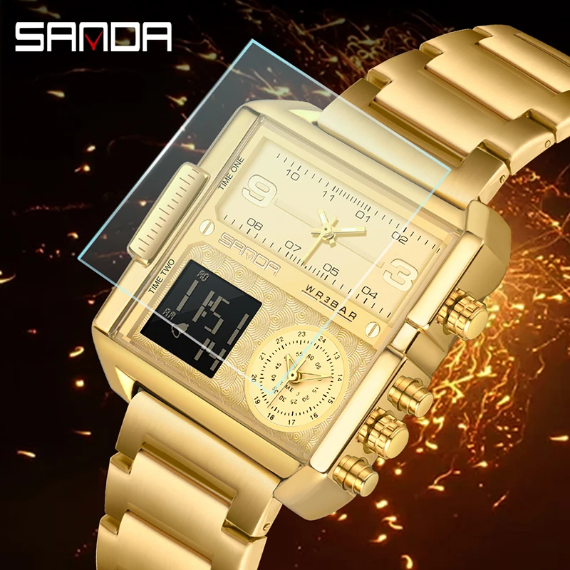 SANDA Three Time Men Gold Sports Watch Alarm Clock Real Leather Waterproof Watch Large Dial Military Watch Relogio Masculino