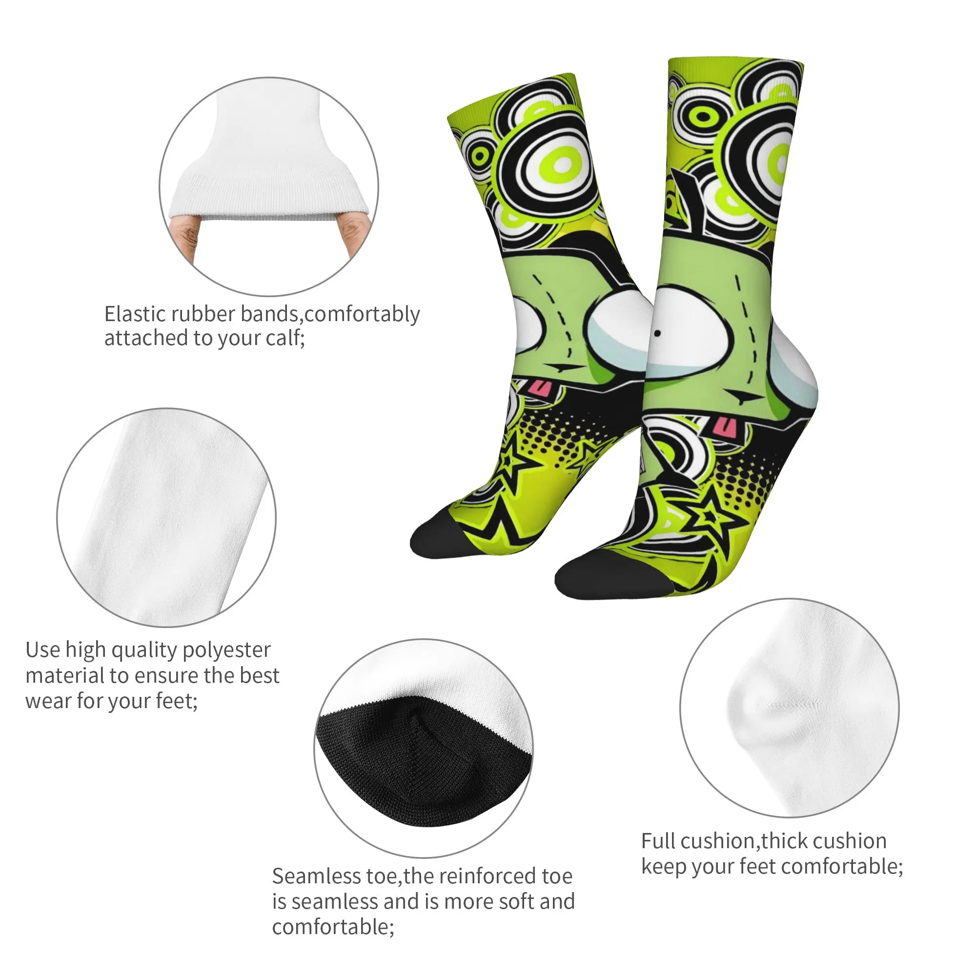 Invader Zim Cartoon Socks Men's Women's Polyester Casual  Socks Hip Hop Spring Summer Autumn Winter Middle Tube Socks Gift