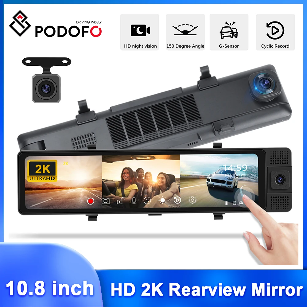 

Podofo 10.8'' IPS Touch Screen Car Mirror Monitor 2K Front Cam Car DVR 3 Cameras Rearview Camera 150-degree Car Rearview Mirror