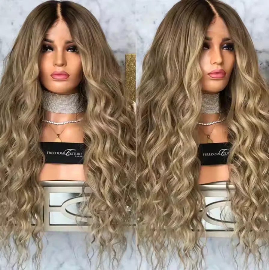 

Deep Wave Dark Brown Synthetic Lace Front Wig Dark Roots Wig Layered Wig Middle Part Wavy Wig Heat Resistant Fiber Natural Wig