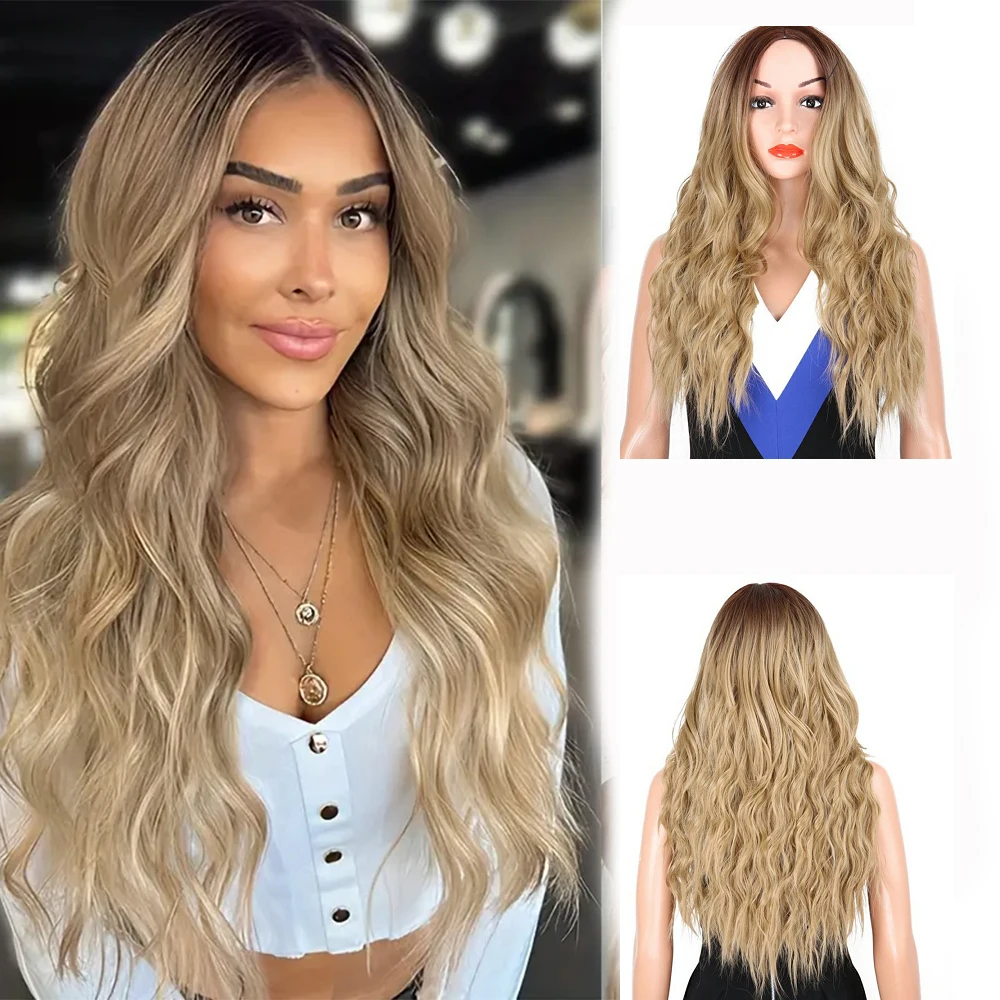 

70cm Long Curly body wave Synthetic Fiber wigs Ombre Golden Blonde Middle Parting hair Rose Net Cap Headband Elegant women wigs