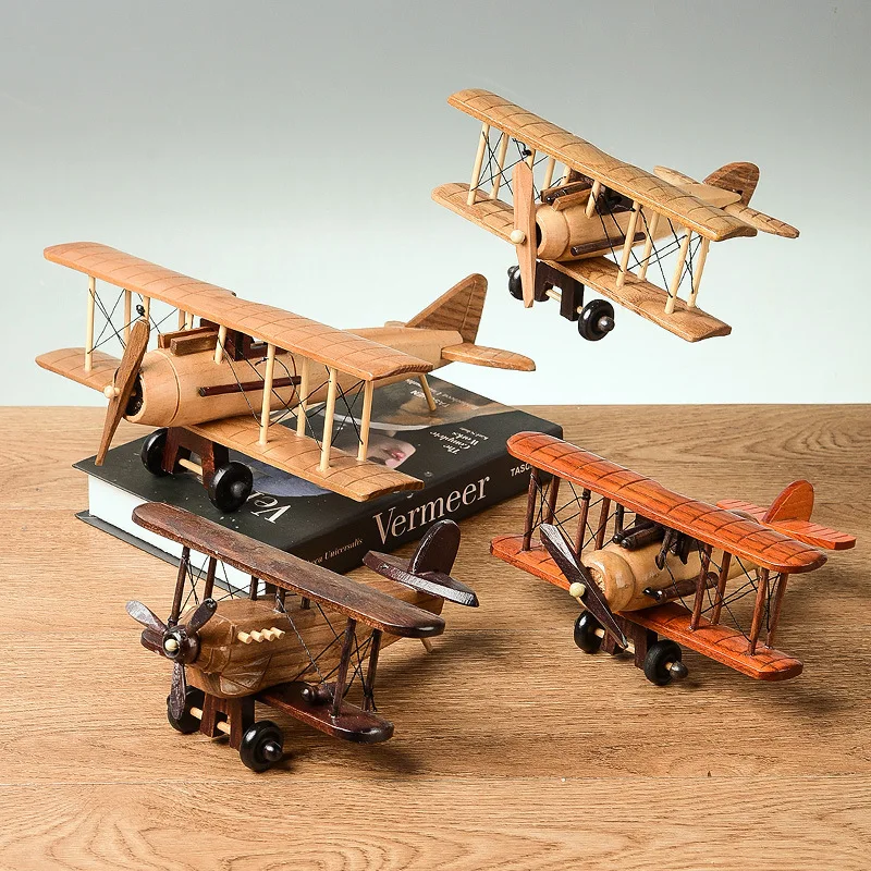 1pcs Wooden Retro Airplane Ornament Creative Home Desktop Airplane Model Decorative Craft for Tabletop Decoration