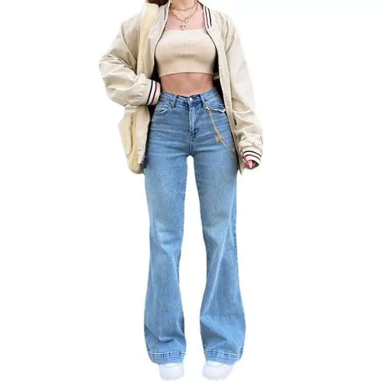 Women's Mid-Waist Patchwork Jeans High Waist Straight Leg Cotton Denim Bla Briti Sle Spring  Adult Straight Tube