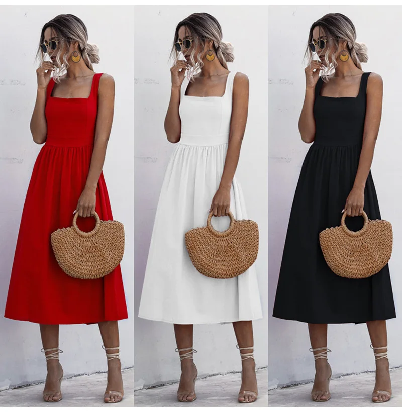 Sleeveless Dresses Summer Women Spaghetti Strap Sweet Simple 3 Colors College Beach Leisure Korean Chic Retro Temperament Slim