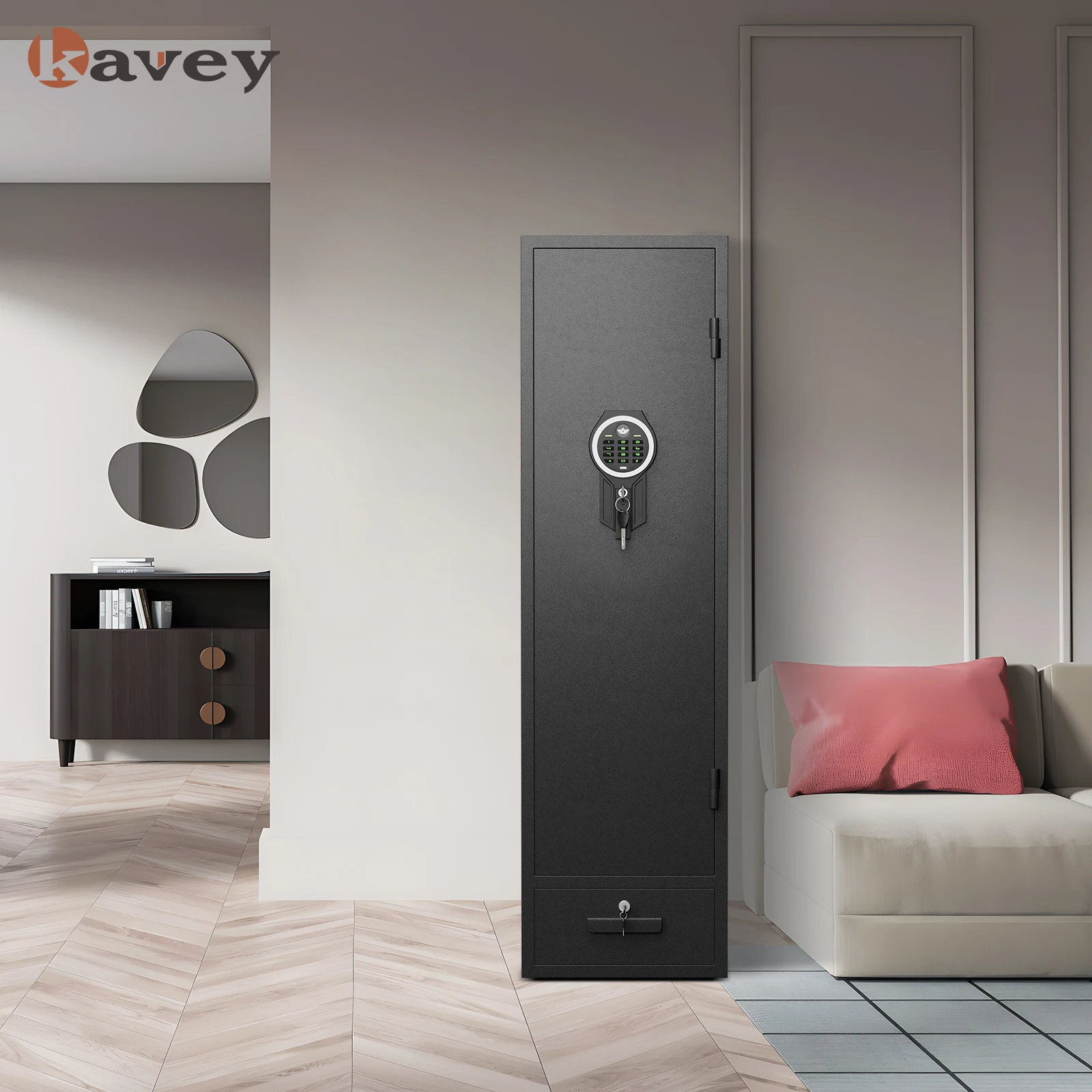 Kavey 4-5 Rifle Safe, Quick Access Gun Cabinets with Drawer and LED Light, Gun Safes & Cabinets with Removable Shelf