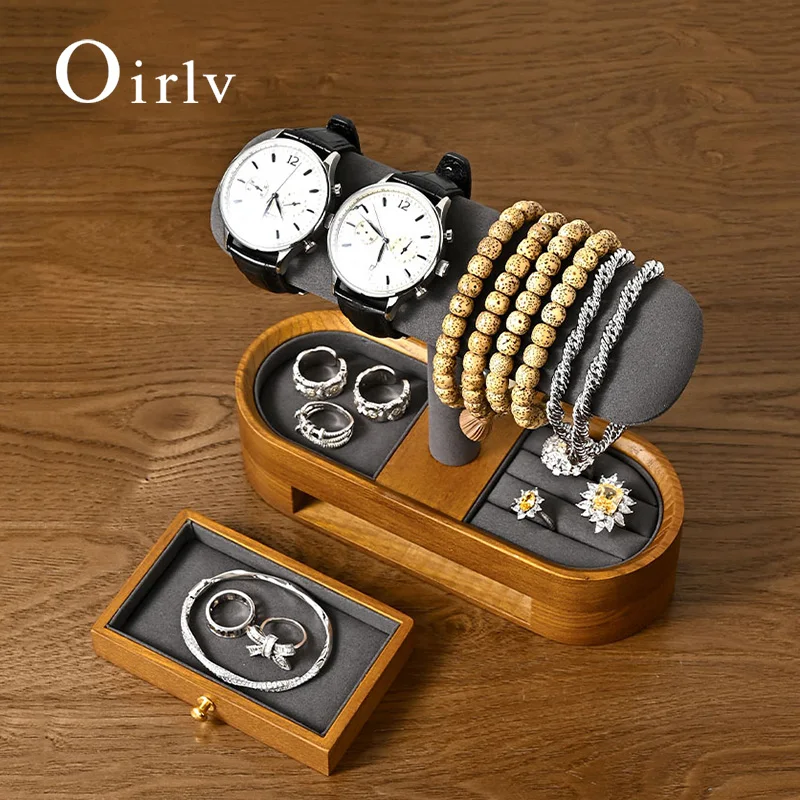 Oirlv Solid Wood Watch Organizer Shelf T-bar Watch Holder Organizer Showcase Bracelet Bangle Jewelry Display Stand Watch Storage