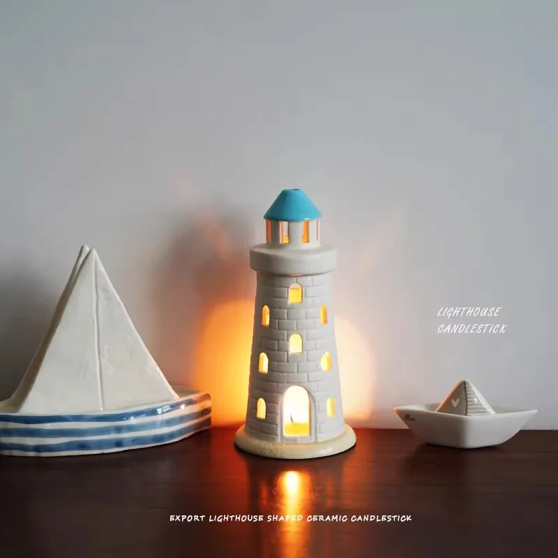 Hand-painted Lighthouse Ceramic Candlestick Ocean Series Table Setting Candlestick