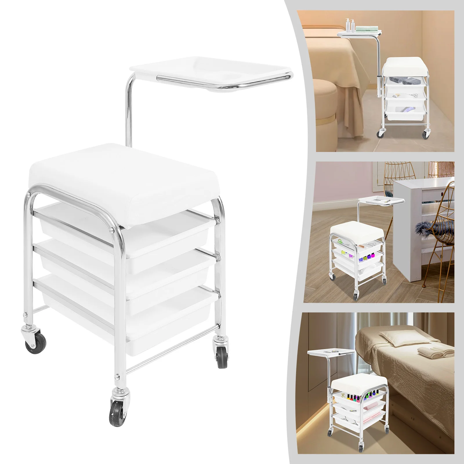 

Трехъярусная тележка-органайзер для маникюра и инструментов с колесами, регулируемая по высоте, для салонов красоты и спа