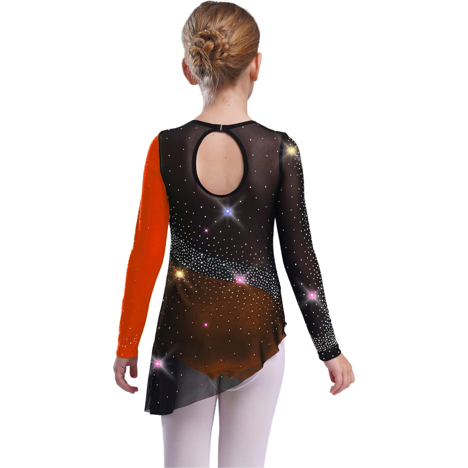Kids Girls Rhythmic Gymnastics Leotard Dress Sparkling Rhinestones Long Sleeve Sheer Mesh Patchwork Color Block Dance Dresses
