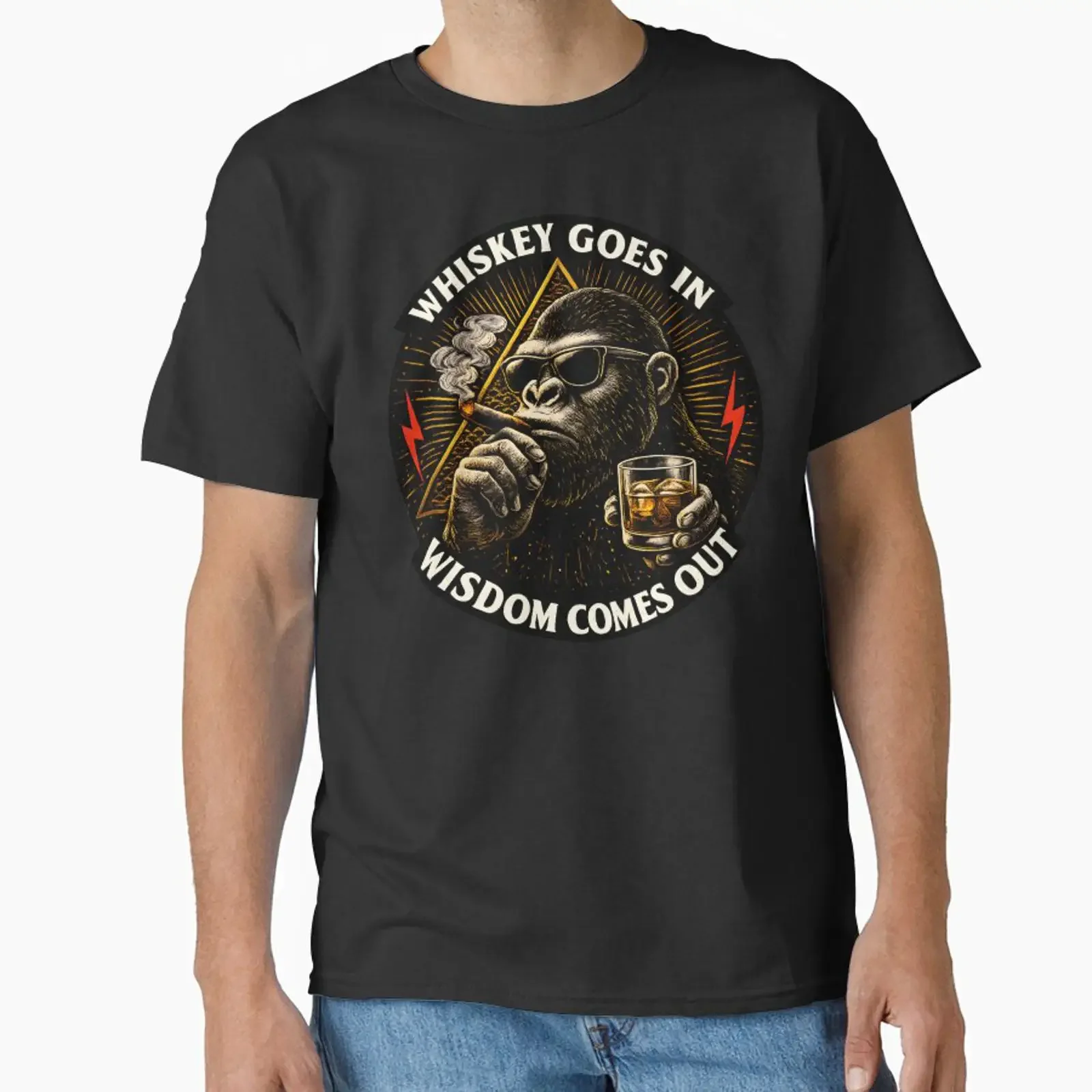 T-shirt classique « Whiskey Goes In Wisdom Comes Out », vintage, délavé, streetwear homme, confortable, extensible, décontracté, légèrement tendance