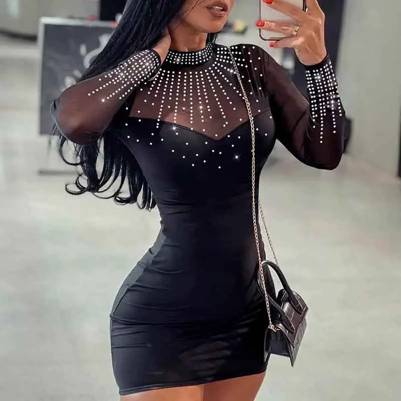 

Women DressesLong-sleeved Bodycon Dress with Diamond Panels in Black Mesh Fashion Party Clubs Short Dresss Spring Autumn New