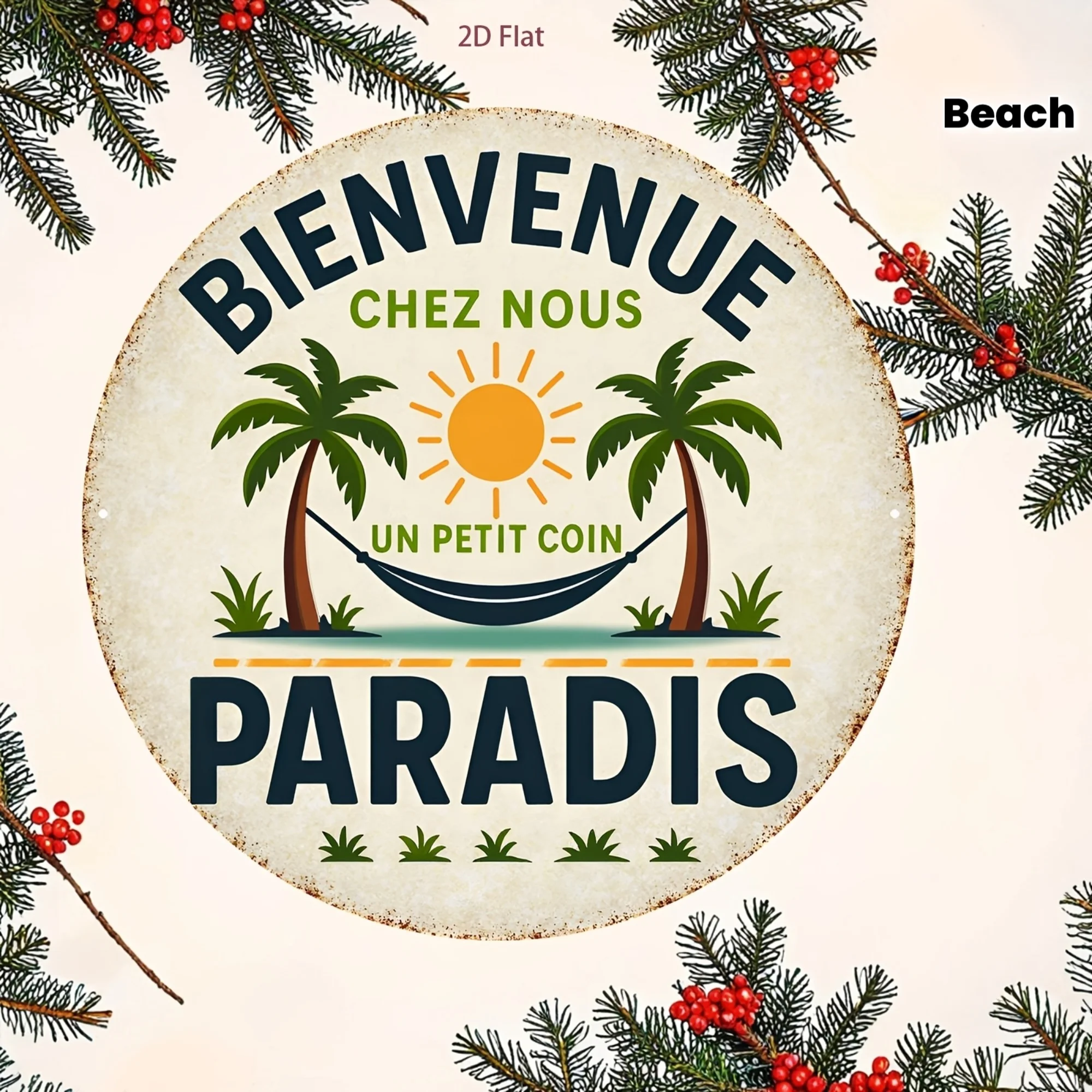2D Flat [] 1pc Aluminum Sign, Welcome to Our Paradise, Palm Tree Hammock Sun Decoration Sign Beach Vacation Style, Home Decorati