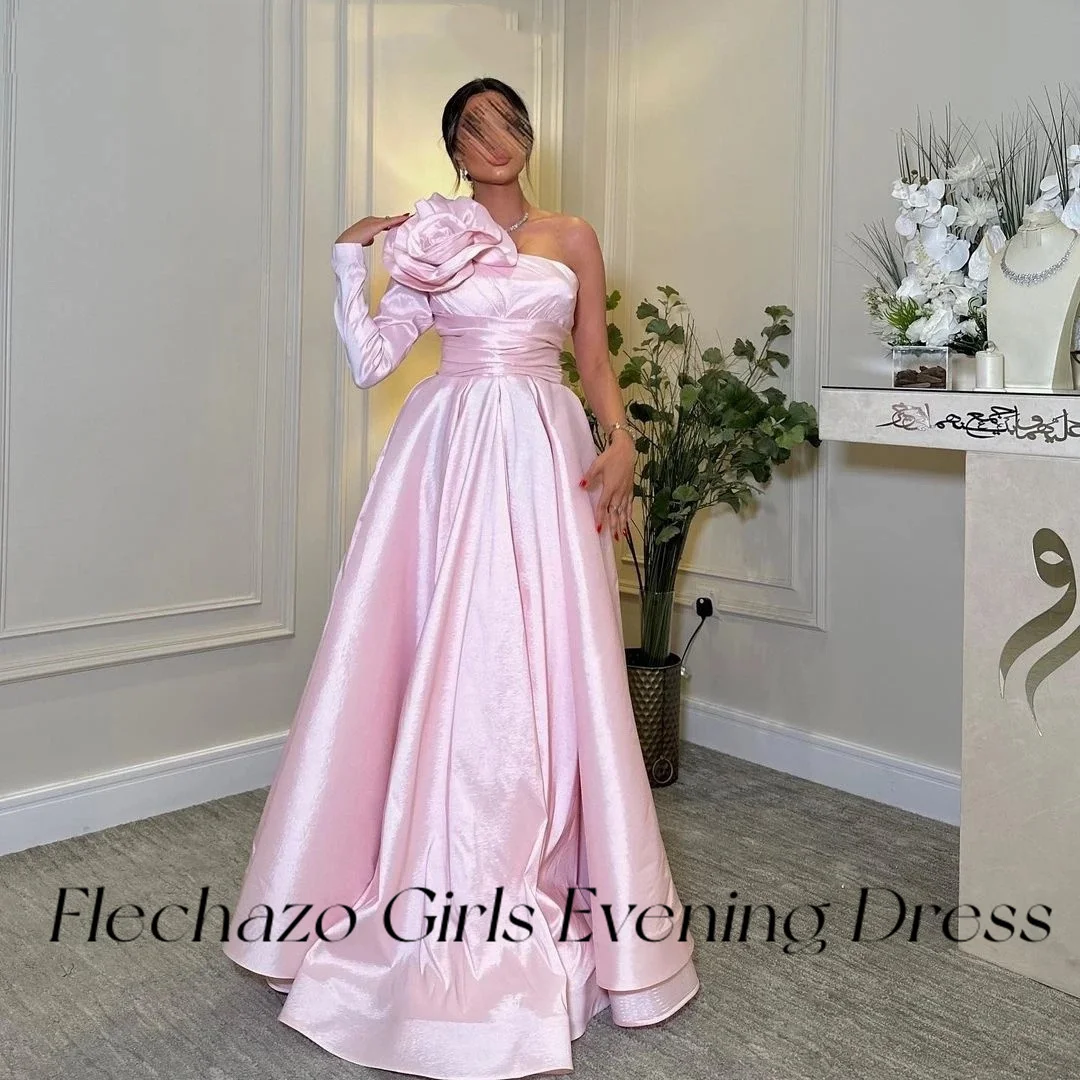 Flechazo Pink Prom Dresses One Shoulder Pleated Flowers Floor-Length Formal Occasion Dress For Women 2024 vestidos de gala