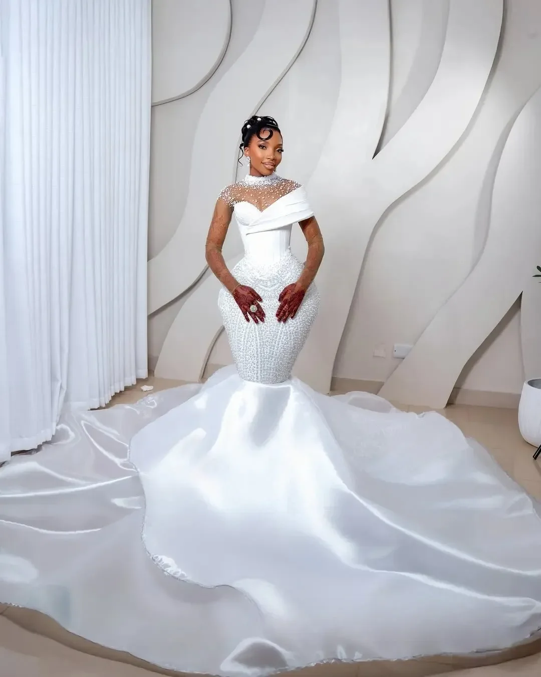 Vestido de novia de sirena con lentejuelas y cuentas brillantes, cuello alto personalizado, con falda extraíble, impresionante vestido de novia