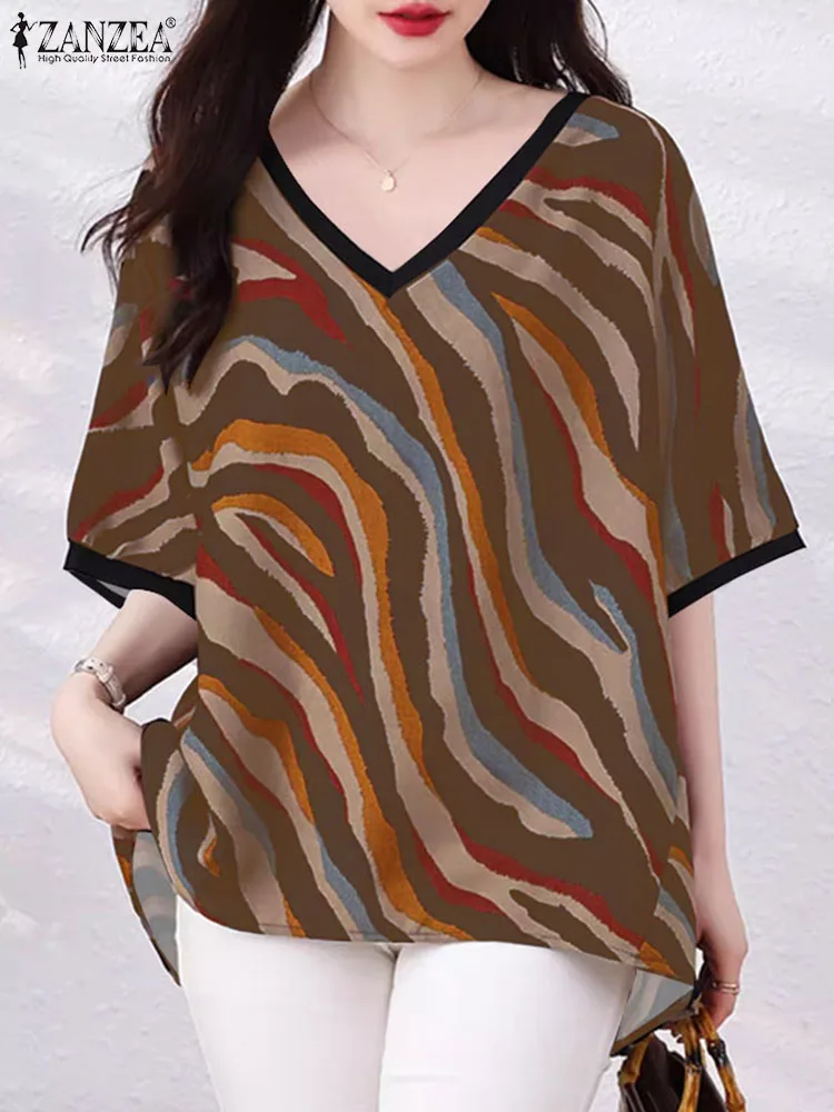 ZANZEA Elegant Colorful Ripple Printing Blouse 2024 Summer Short Sleeve Tops Fashion Women V-neck Shirt Casual Loose Chic Blusa