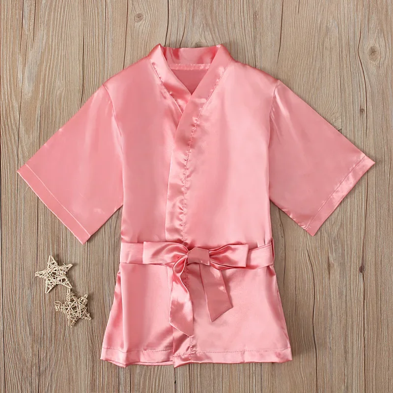 Children\'s Robe Solid Silk Satin Kimono Bathrobe Birthday Pyjamas Nightgown Kids Sleepwear Boy Girls Robes 12 Months -5 Years