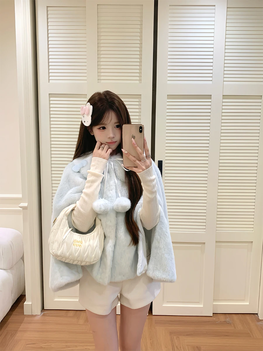 

Плащ с кроликом Sweet Girl's Plu, зимнее женское пальто, очаровательное пальто средней длины, без шапки, Pure E-commerce Ss