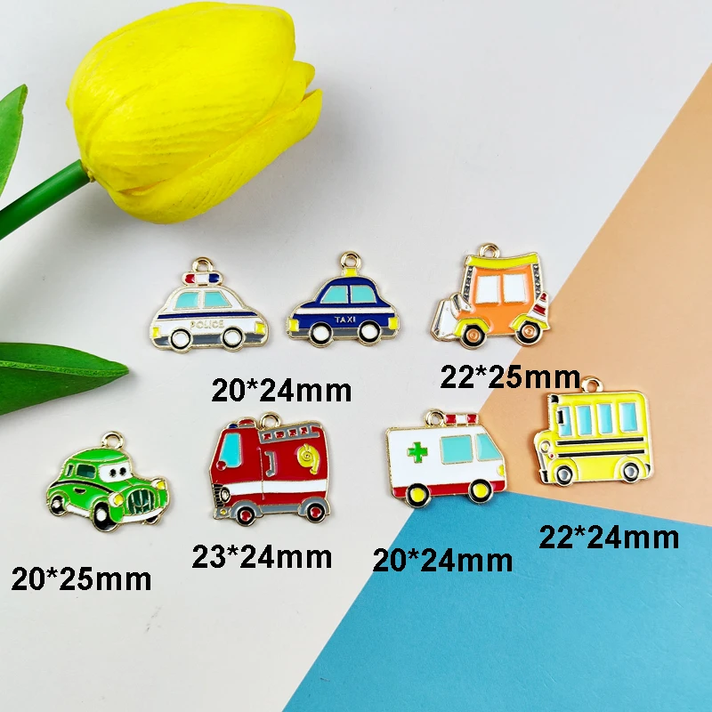 10pcs Cartoon Car Enamel Metal Charms School Bus taxi Pendants For Jewelry Making Cute Earring Dangle Wholesale