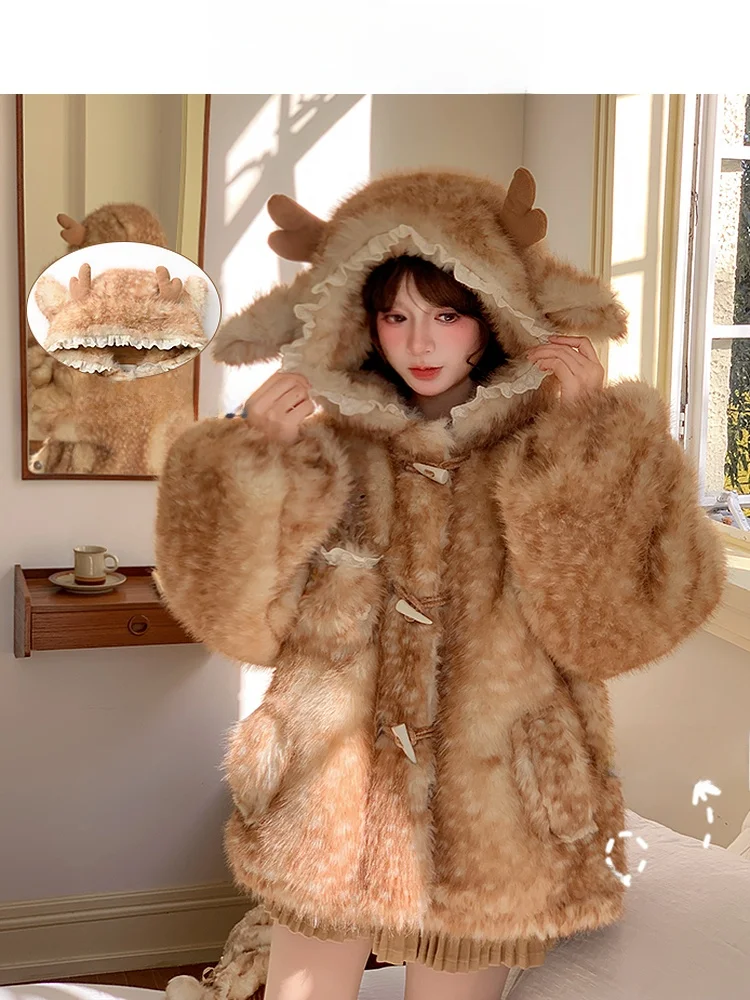 

Thiened Winter Jaet Women's Faionable Deer Print Eco-friendly Fur Coat Long Sve Hooded Cardigan Sweet Sle Polyeste...