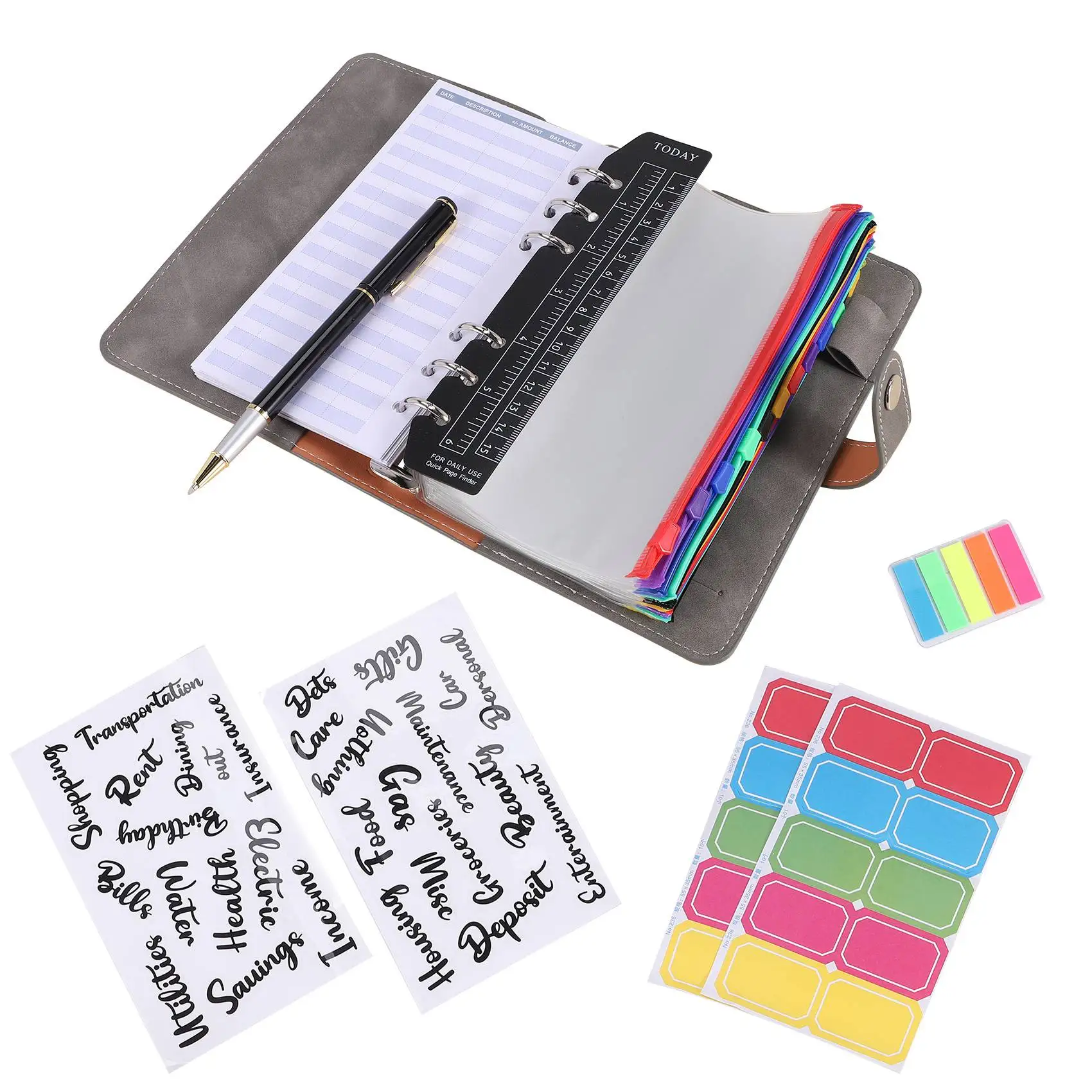 A6 PU Budget Binder with Zipper Envelopes, Widely Used in Home, School and Travel Grey