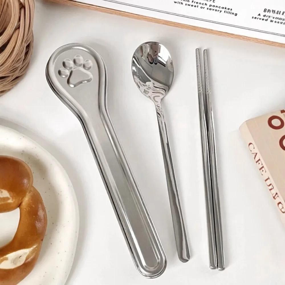 

With Cat Paw Box Travel Tableware Set Rust-proof 304 Stainless Steel Chopsticks Spoon Set Mildew-proof Smooth Edges Curlty Set