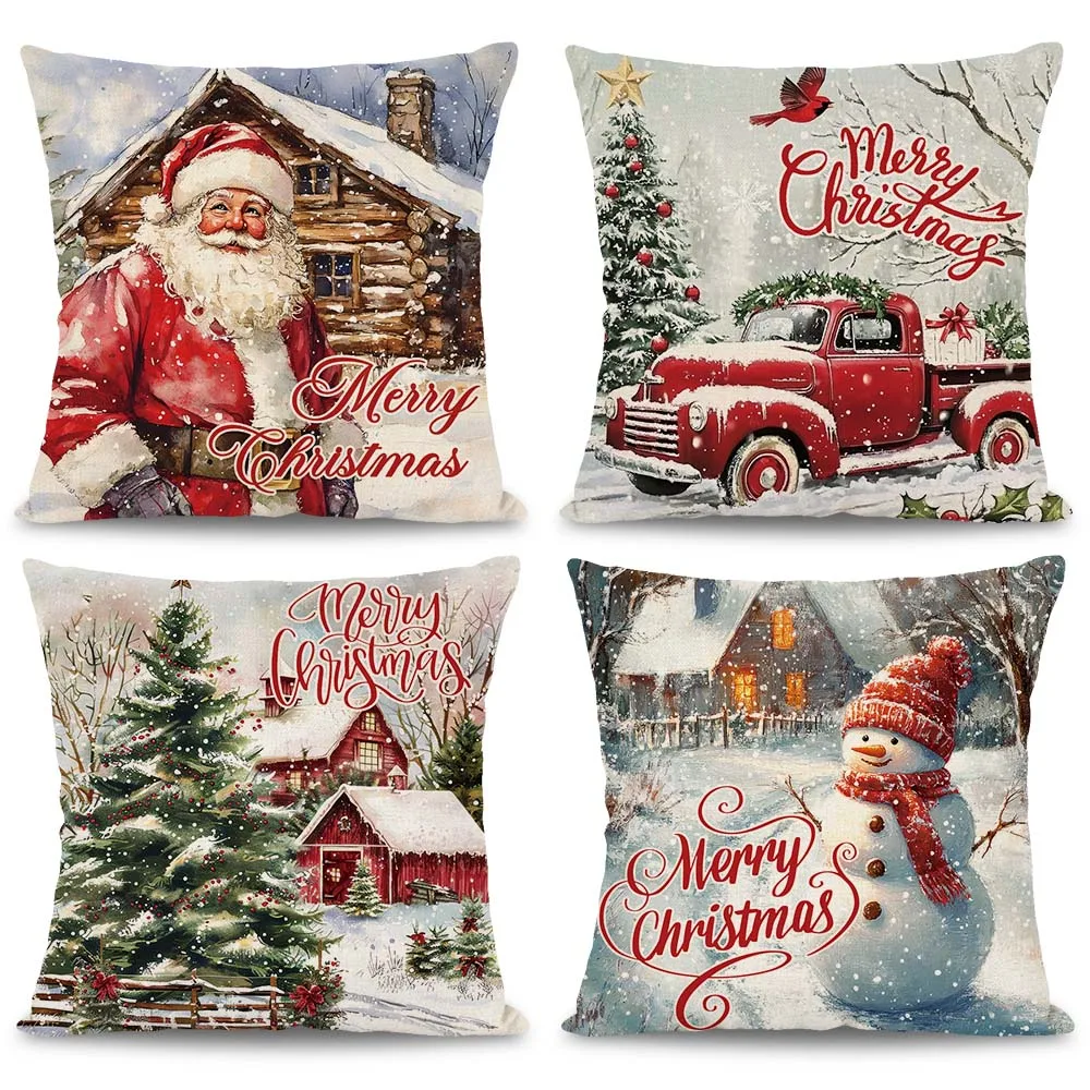 1pc/4pcs Vintage Oil Painting Christmas Pillow Case Vintage Santa Claus Truck Snowman Pattern Cushion Cover Christmas Home Decor