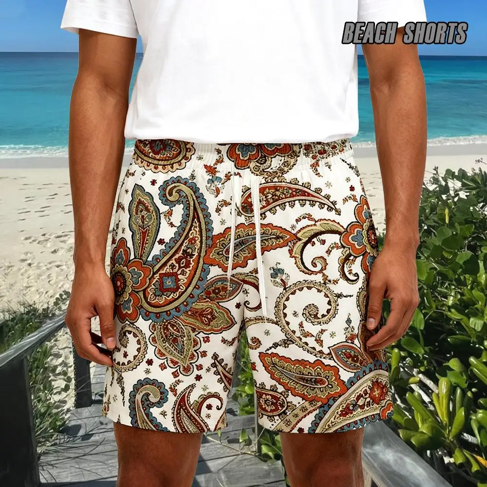 

Vintage Casual Vacation Style Beach Shorts Paisley Print Fashion Trendy Pants Men's Surfing Quick-drying Drawstring Swim Trunks